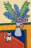 11 - Chakko-on-Rug-with-Blue-Vase-and-Flowers