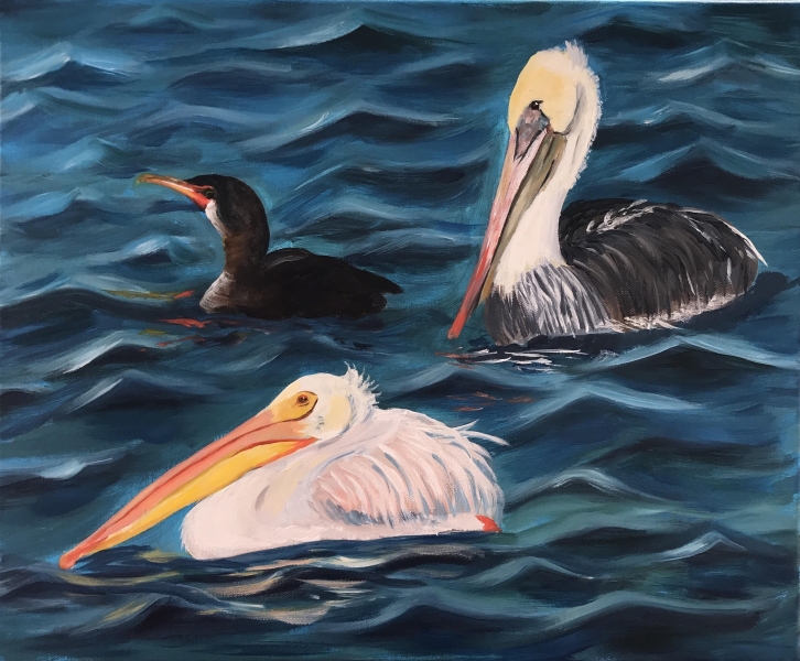 Two Pelicans and a Duck Swim up to a Bar, Acrylic, 16x20